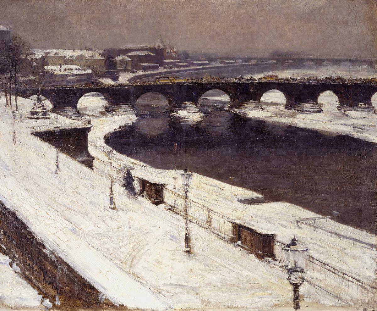 Elbe und Augustusbrücke in Dresden im Winter, von der Brühlschen Terrasse aus gesehen