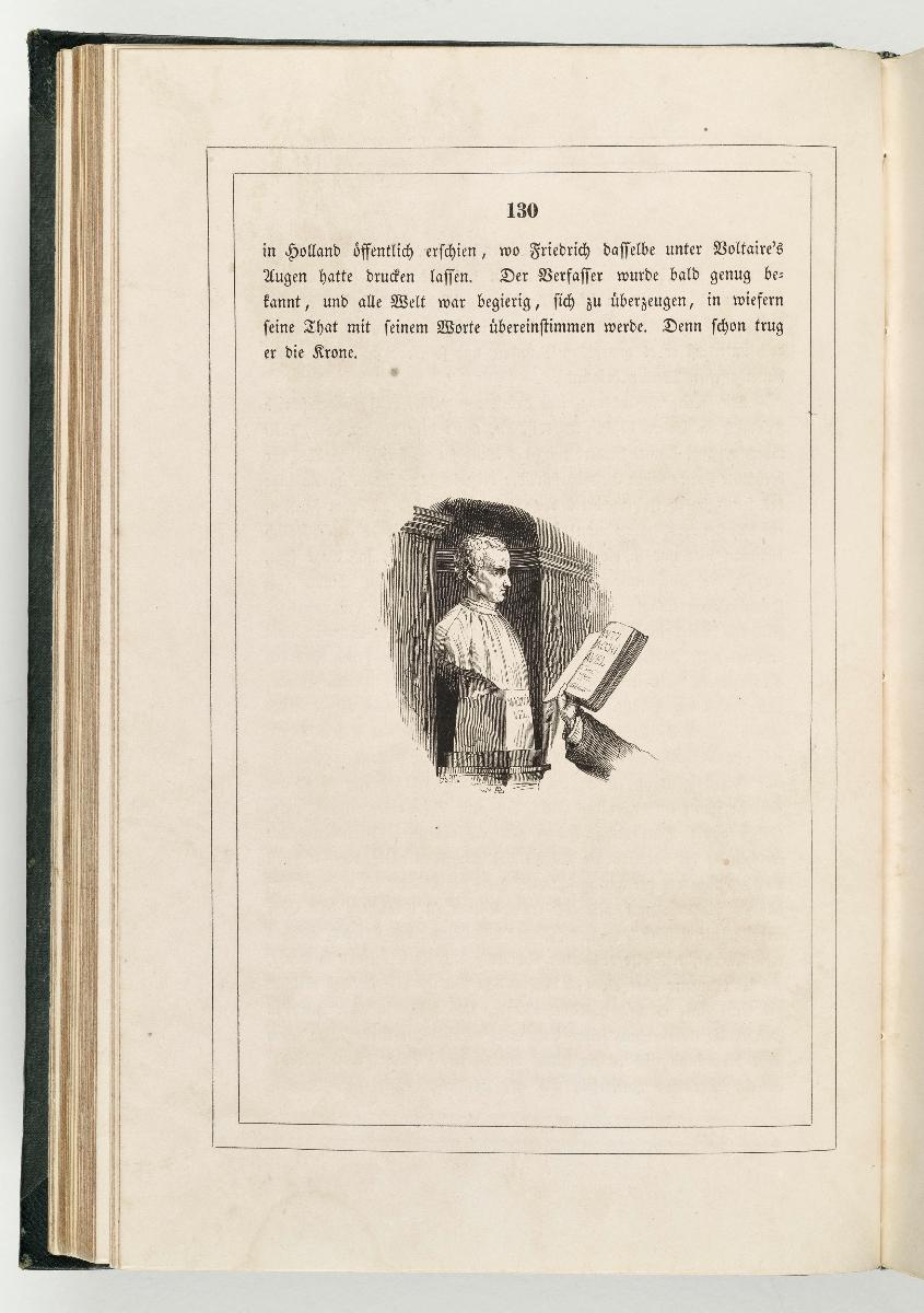 Der Büste Macchiavellis hält eine Hand Friedrichs "Antimacchiavell" entgegen, Illustration in der ersten Auflage zu Kugler "Geschichte Friedrich des Großen", S.130
