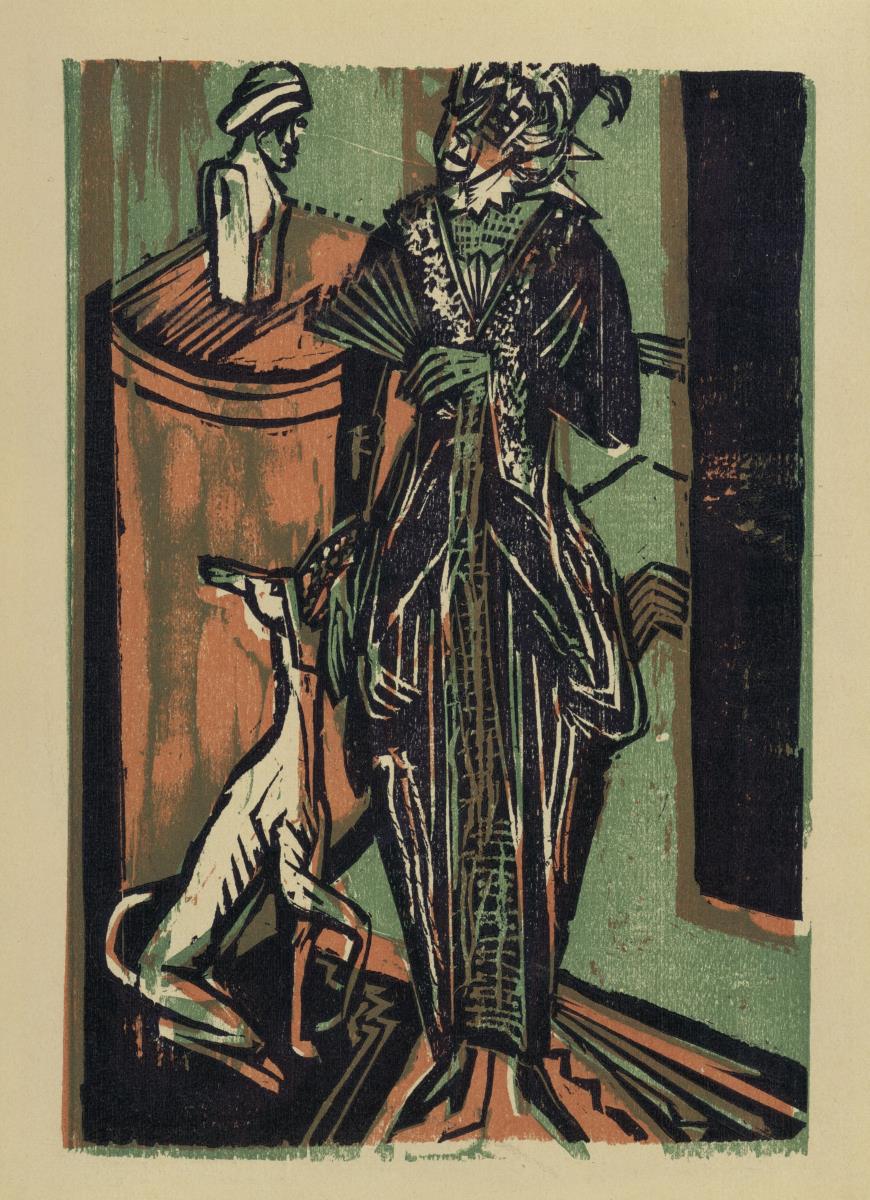Dame mit Hund. aus: Katalog der Ausstellung von Kleidern aus der Stickstube von Frau Eucken in Bremen