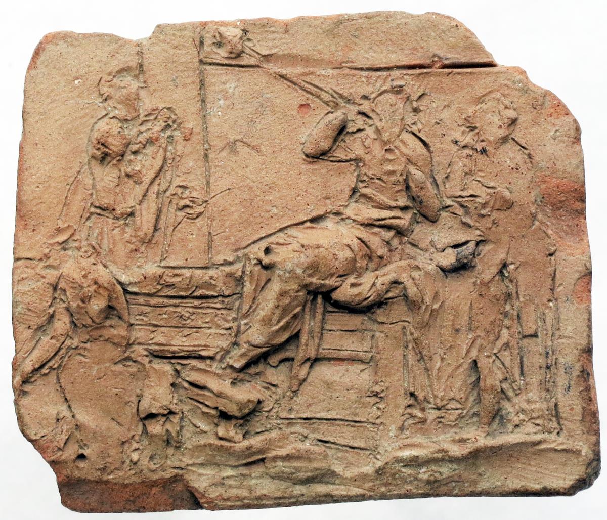 Reliefskizze mit Dionysos beim Gelage (?)