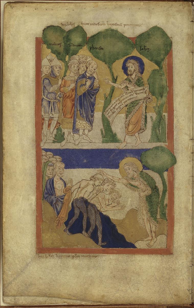 Fragment eines Psalteriums, Bl. 9 verso - Johannes predigt und tauft am Jordan