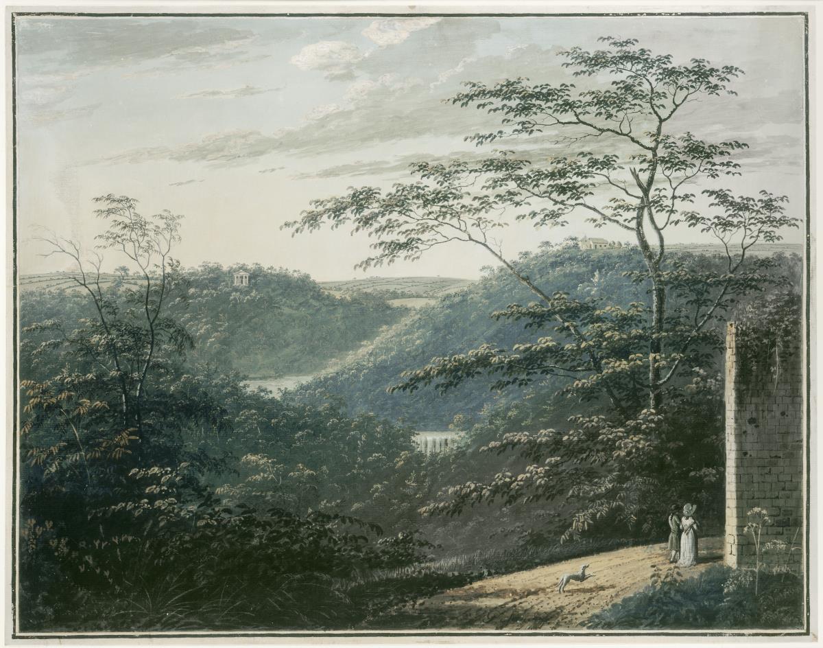 Landschaft mit Wasserfall und Tempel