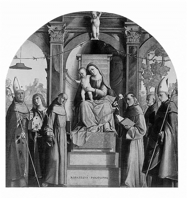Thronende Maria mit segenendem Kind und Heiligen