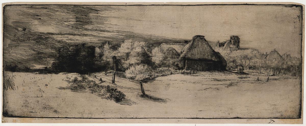 Die Landschaft mit Bäumen, Bauernhäusern und dem Turm