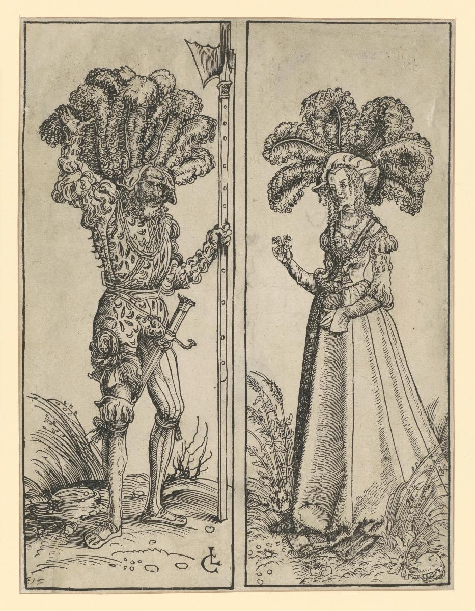 Ein Fußsoldat mit Hellebarde und Dame mit Stiefmütterchen