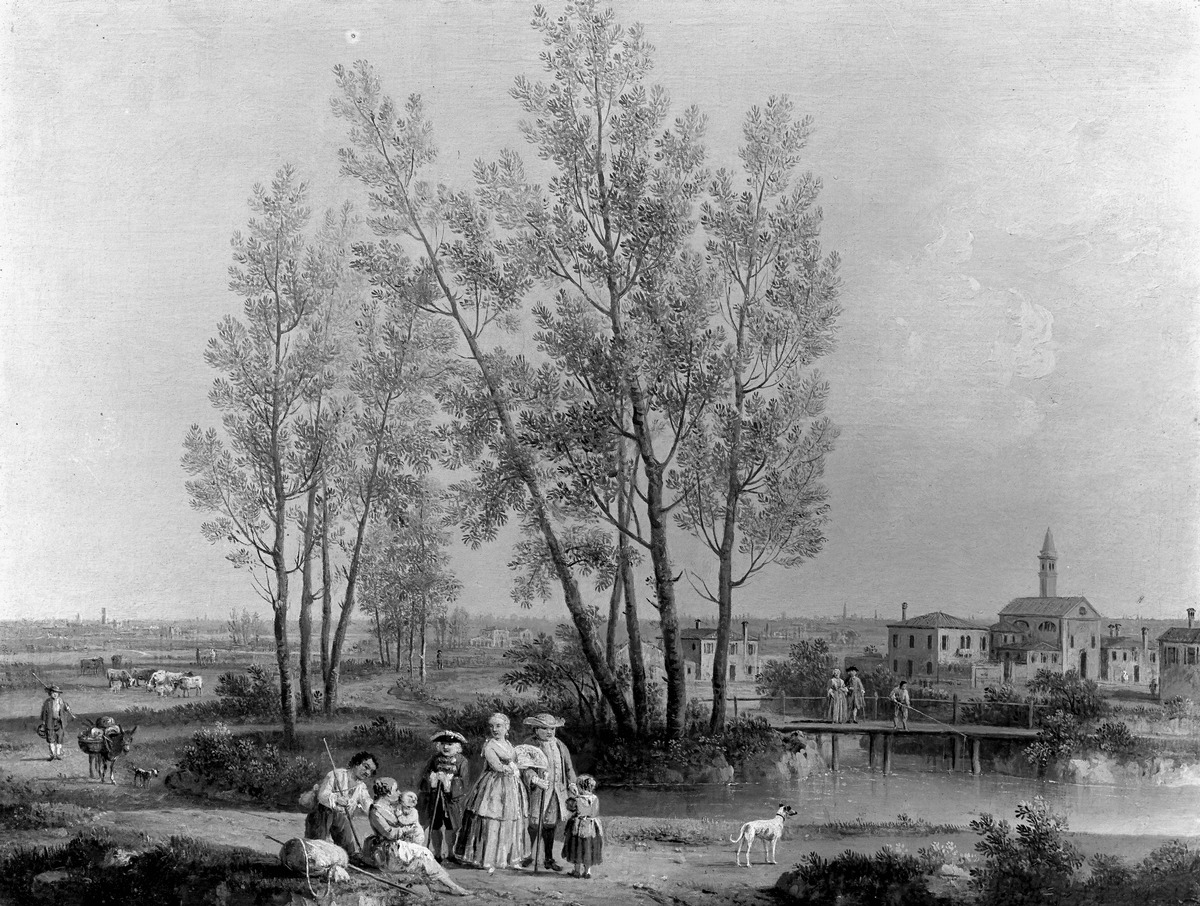 Italienische Flußlandschaft mit Spaziergängern und Hirten