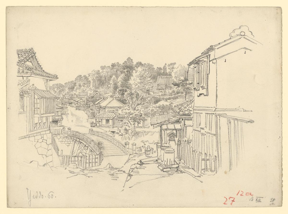 Straße mit Brücke in Yeddo (heute Tokio)