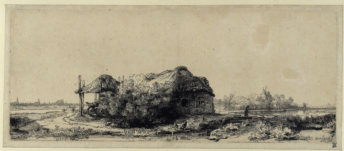 Die Landschaft mit Hütte und Heuschober
