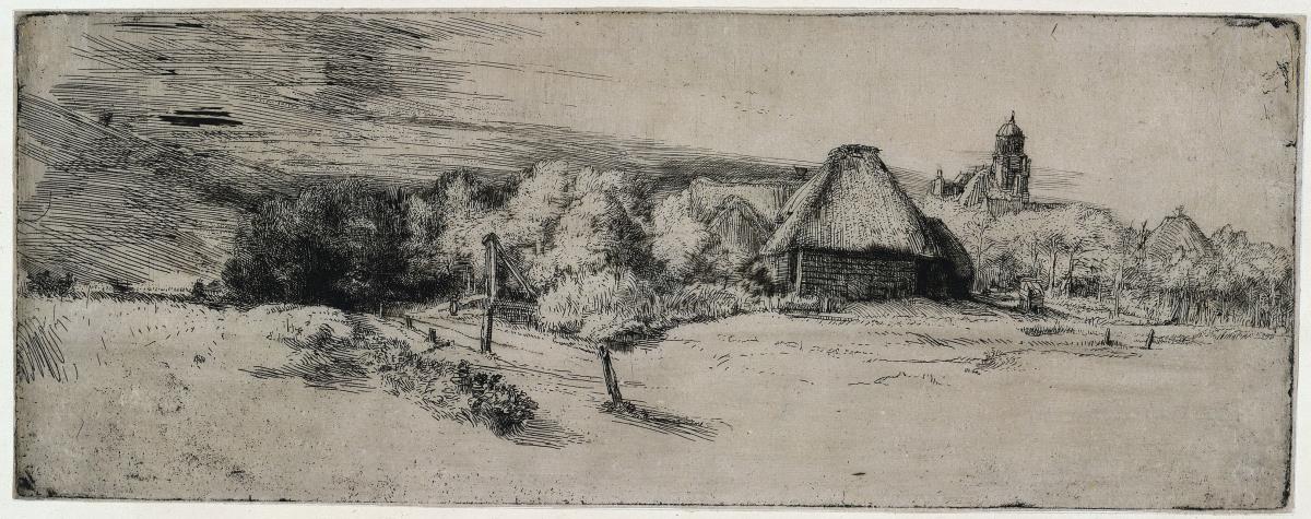 Die Landschaft mit Bäumen, Bauernhäusern und dem Turm