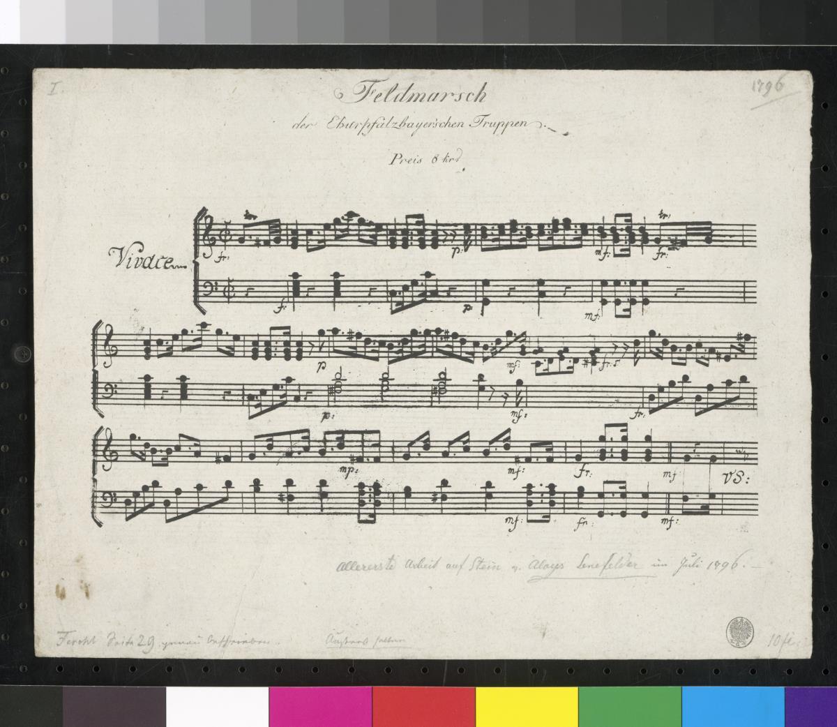Feldmarsch der Churpfalzbayerischen Truppen / allererste Arbeit auf Stein von Aloys Senefelder im July 1796