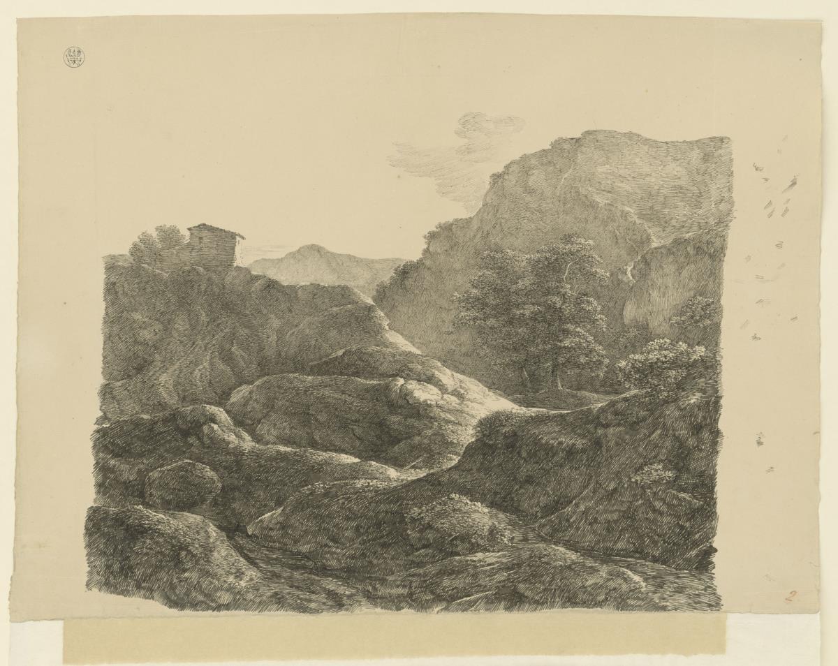 Gebirgslandschaft mit kahlen Felsen, links eine Hütte