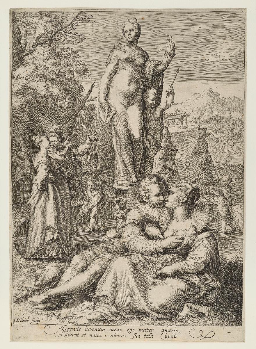 Liebespaare bei einer Venusstatue mit Amor