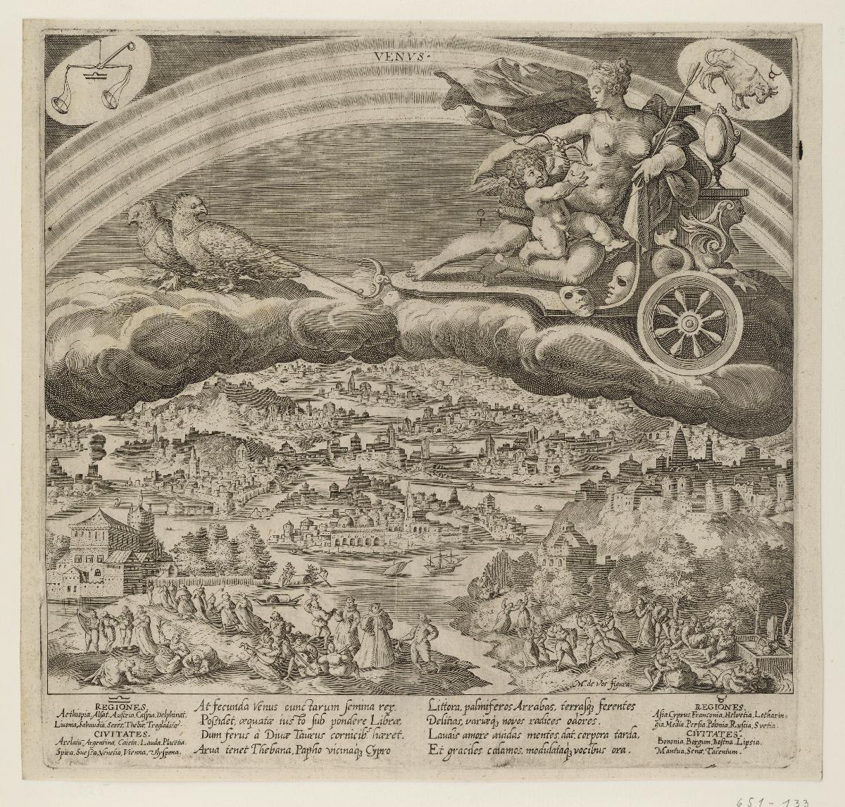 Venus im Wagen auf Wolken über die Welt fahrend