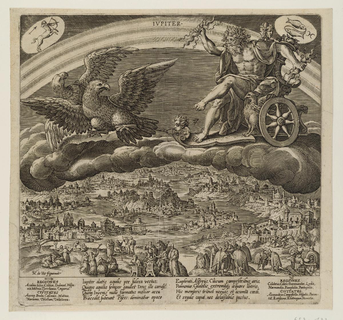 Jupiter im Wagen auf Wolken über die Welt fahrend