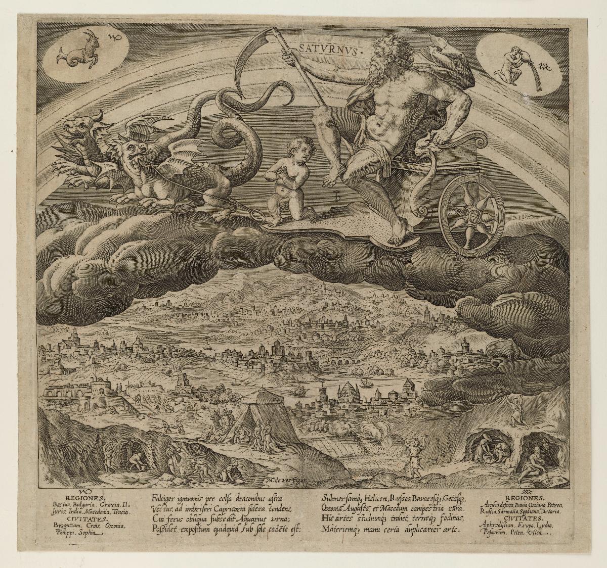 Saturnus im Wagen auf Wolken über die Welt fahrend