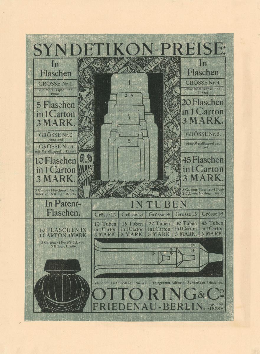 Syndetikon-Preise für Flaschen und Tuben. Otto Ring & Co Friedenau-Berlin