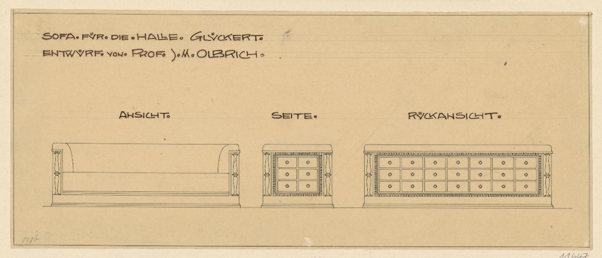 Darmstadt, Umbau des grossen Glückerthauses, Halle, Aufriss, Seiten und Rückansicht des Sofas