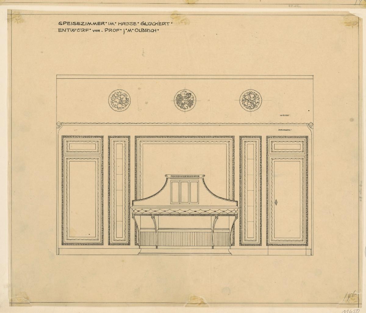 Darmstadt, Umbau des grossen Glückerthauses, Speisezimmer, Aufriss der Westwand