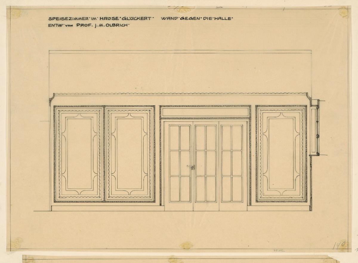 Darmstadt, Umbau des grossen Glückerthauses, Speisezimmer, Aufriss der Nordwand