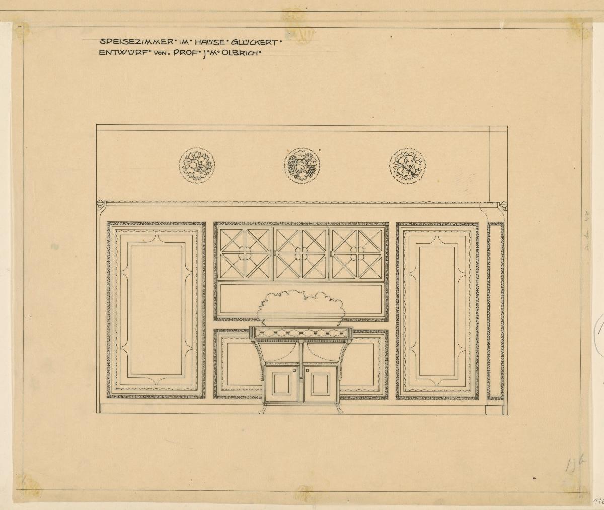 Darmstadt, Umbau des grossen Glückerthauses, Speisezimmer, Aufriss der Ostwand