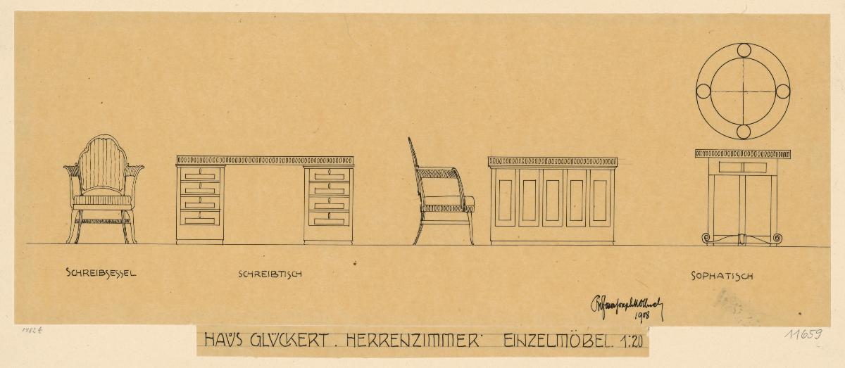 Darmstadt, Umbau des grossen Glückerthauses, Herrenzimmer, Aufrisse und Seitenansichten von Schreibtisch und Schreibsessel sowie Grundriss und Aufriss des kleinen Tisches