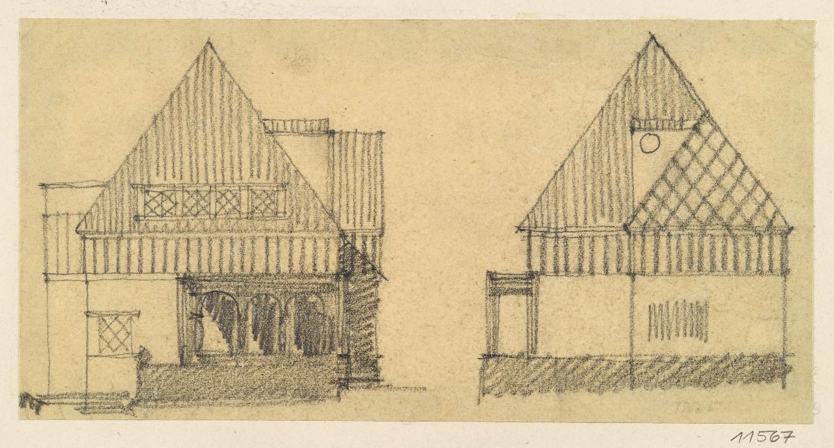 Darmstadt, Oberhessisches Haus, Vorentwurf, Skizzenblatt mit Aufrissen der Süd und Ostfassade