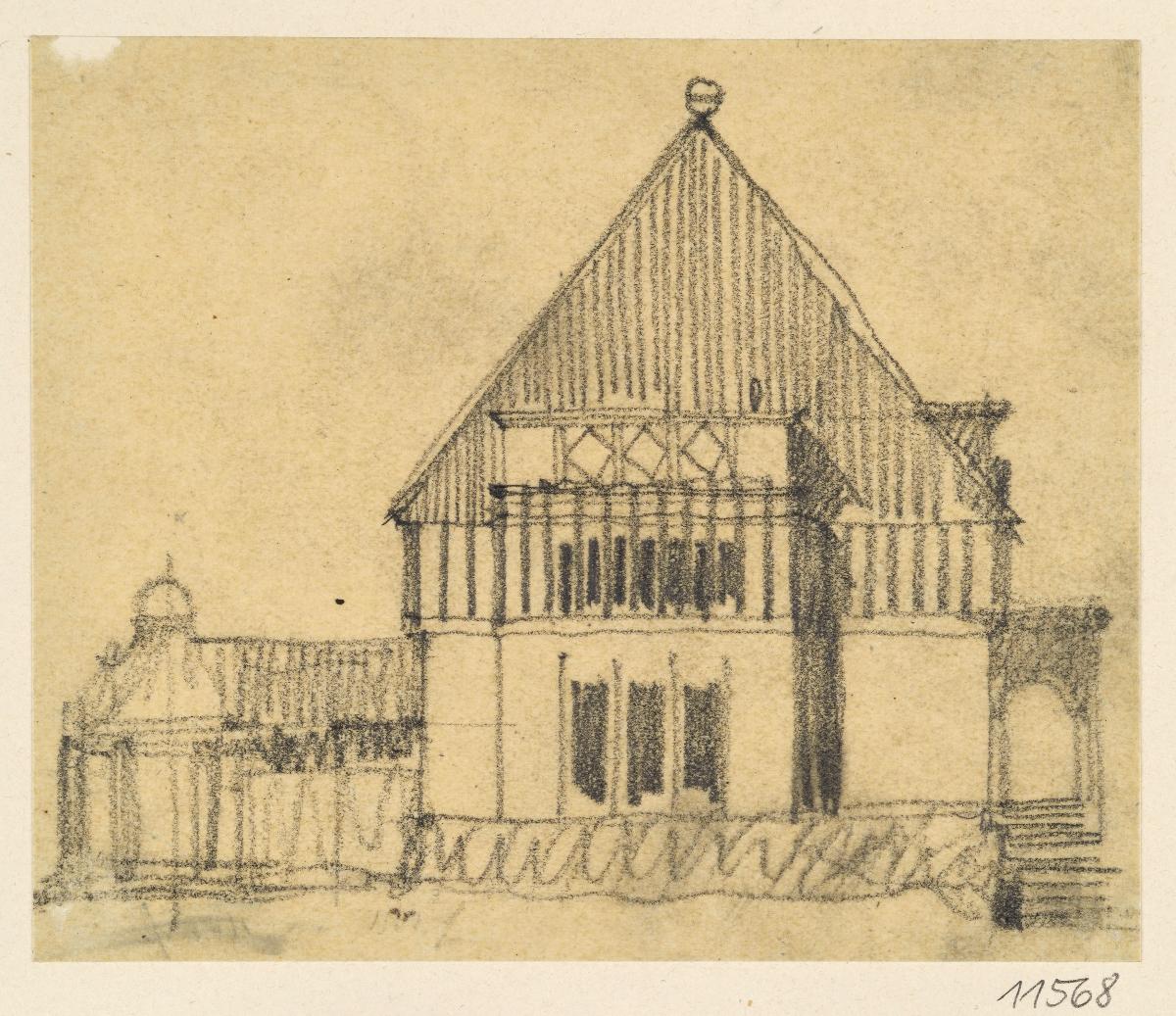 Darmstadt, Oberhessisches Haus, Vorentwurf, Skizzenblatt mit Aufriss der Westfassade