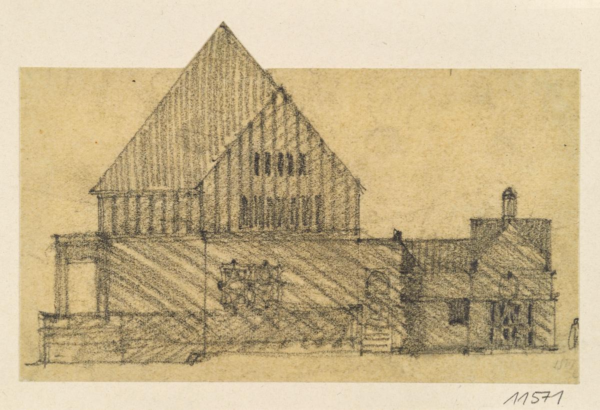 Darmstadt, Oberhessisches Haus, Vorentwurf, Skizzenblatt mit Aufriss der Ostfassade
