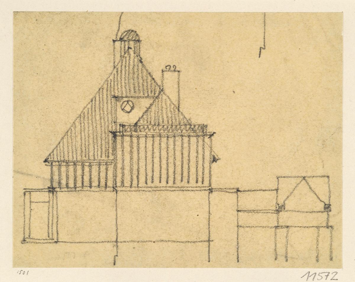 Darmstadt, Oberhessisches Haus, Vorentwurf, Skizzenblatt mit Aufriss der Ostfassade