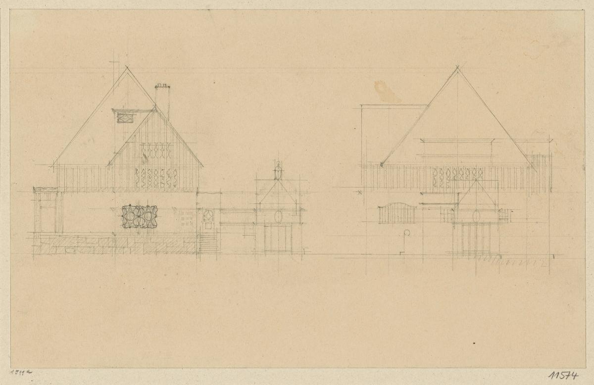Darmstadt, Oberhessisches Haus, Vorentwurf, Skizzenblatt mit Aufrissen der Ost und Nordfassade