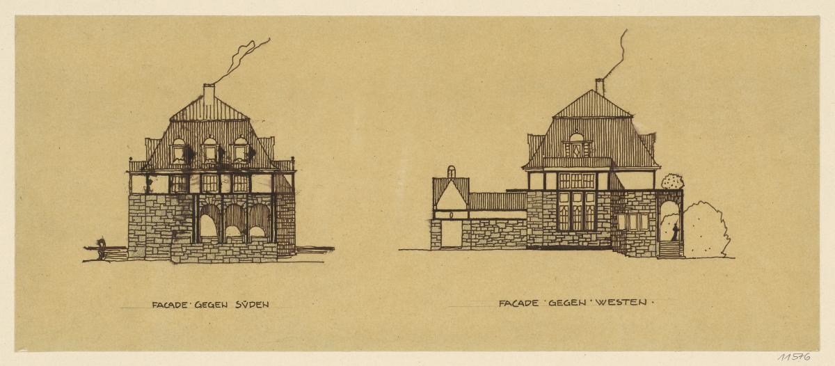 Darmstadt, Oberhessisches Haus, zweiter Vorentwurf, Aufrisse der Süd und Westfassade