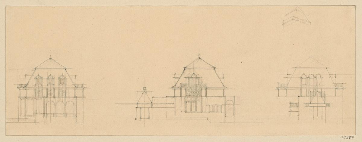Darmstadt, Oberhessisches Haus, dritter Vorentwurf, Skizzenblatt mit Aufrissen der Süd, West und Nordfassade