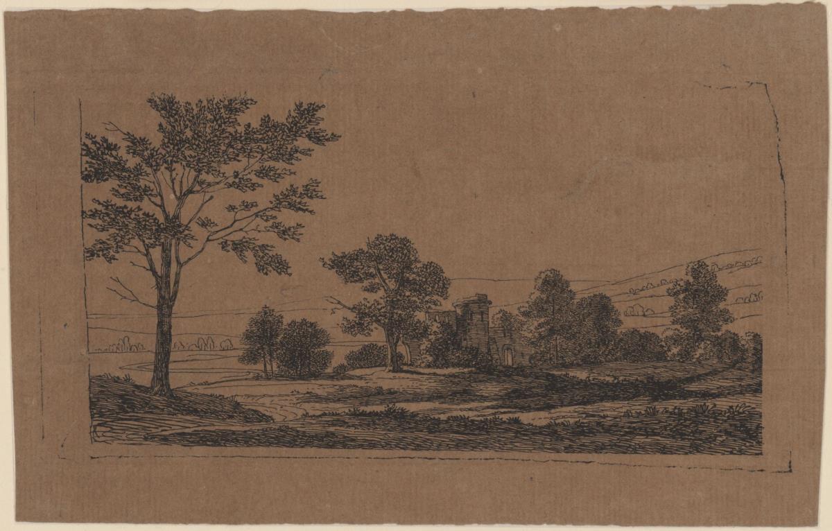 Landschaft mit Ruine, im Vordergrund ein Baum