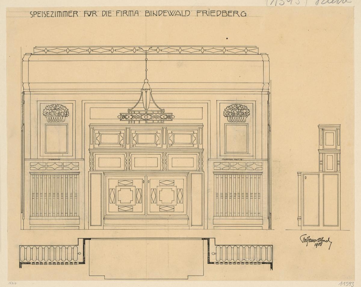 Darmstadt, Oberhessisches Haus, Speisezimmer, Aufriss und Grundriss der Ostwand sowie Seitenansicht der Kredenz