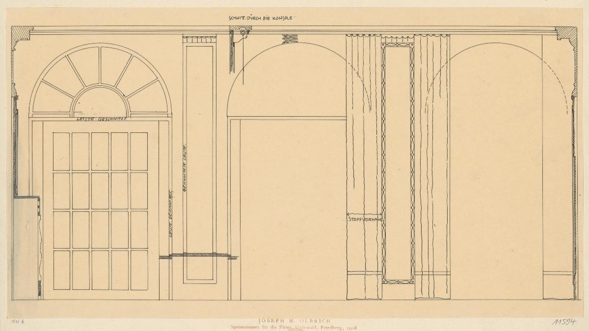 Darmstadt, Oberhessisches Haus, Speisezimmer, Aufriss der Südwand