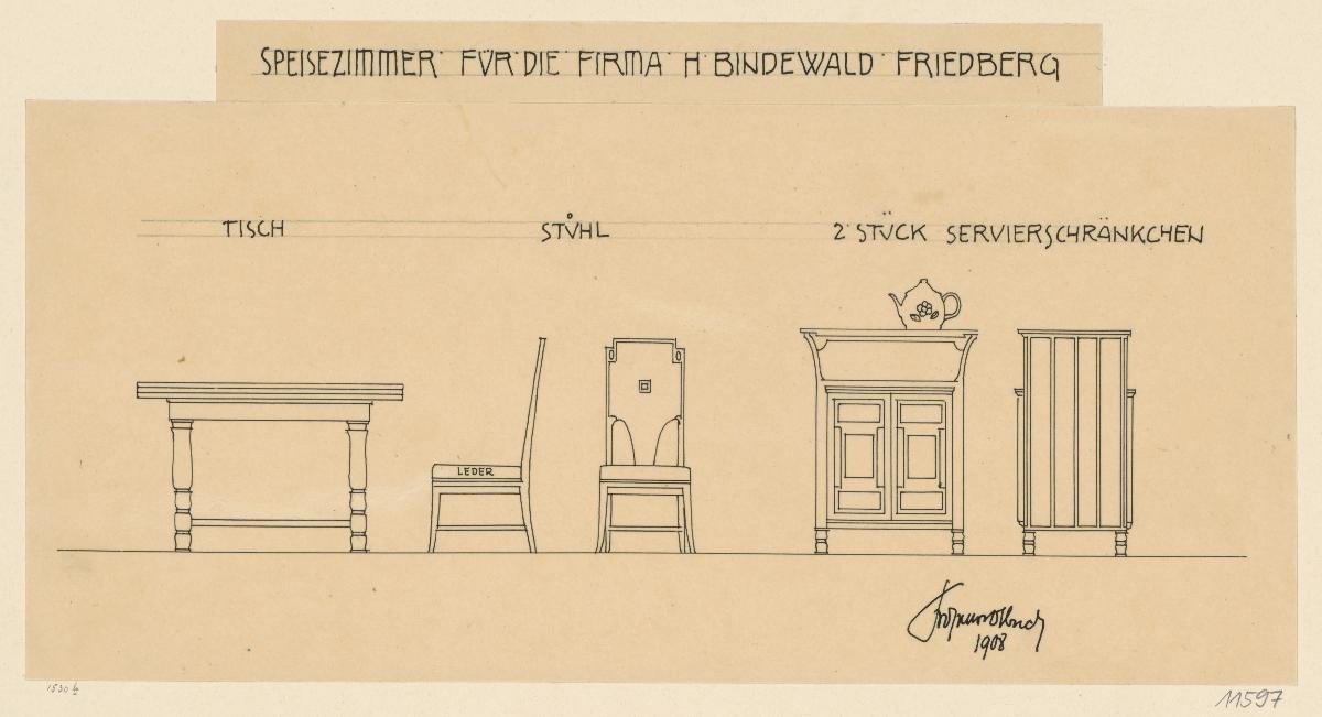 Darmstadt, Oberhessisches Haus, Speisezimmer, Aufriss des Tisches sowie Aufrisse und Seitenansichten von Stuhl und Servierschränkchen