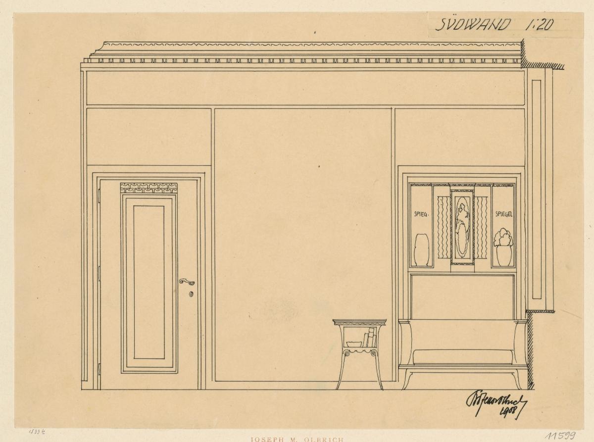 Darmstadt, Oberhessisches Haus, Musiksalon, Aufriss der Südwand