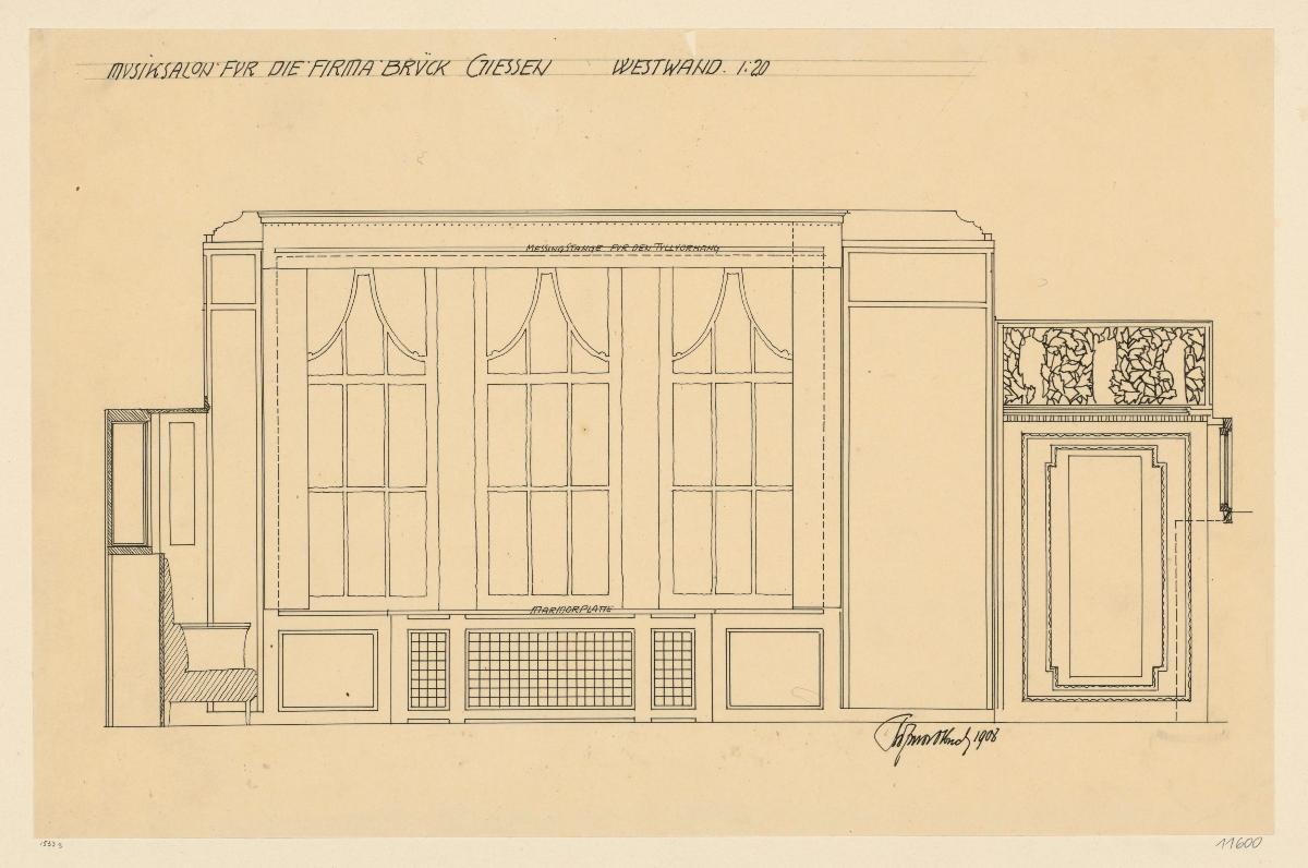 Darmstadt, Oberhessisches Haus, Musiksalon, Aufriss der Westwand