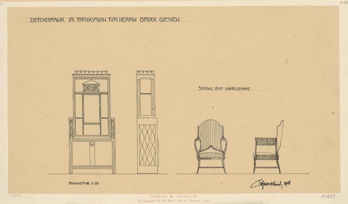 Darmstadt, Oberhessisches Haus, Musiksalon, Aufrisse und Seitenansichten von Schrank und Stuhl