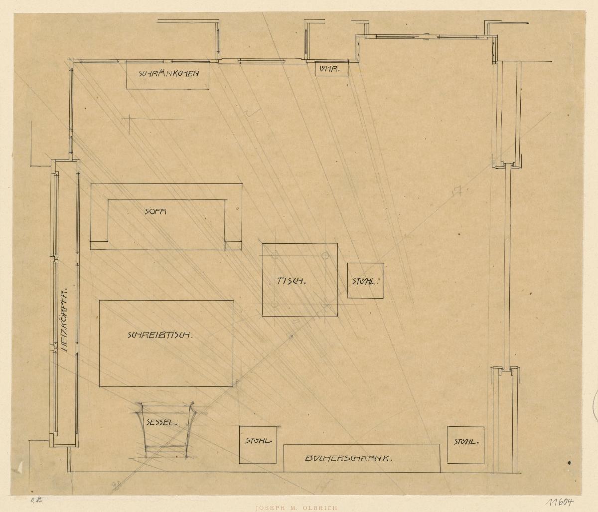 Darmstadt, Oberhessisches Haus, Herrenzimmer, Grundriss mit Möblierungsplan