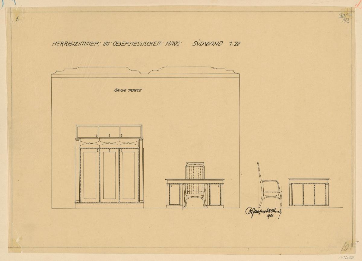 Darmstadt, Oberhessisches Haus, Herrenzimmer, Aufriss der Westwand