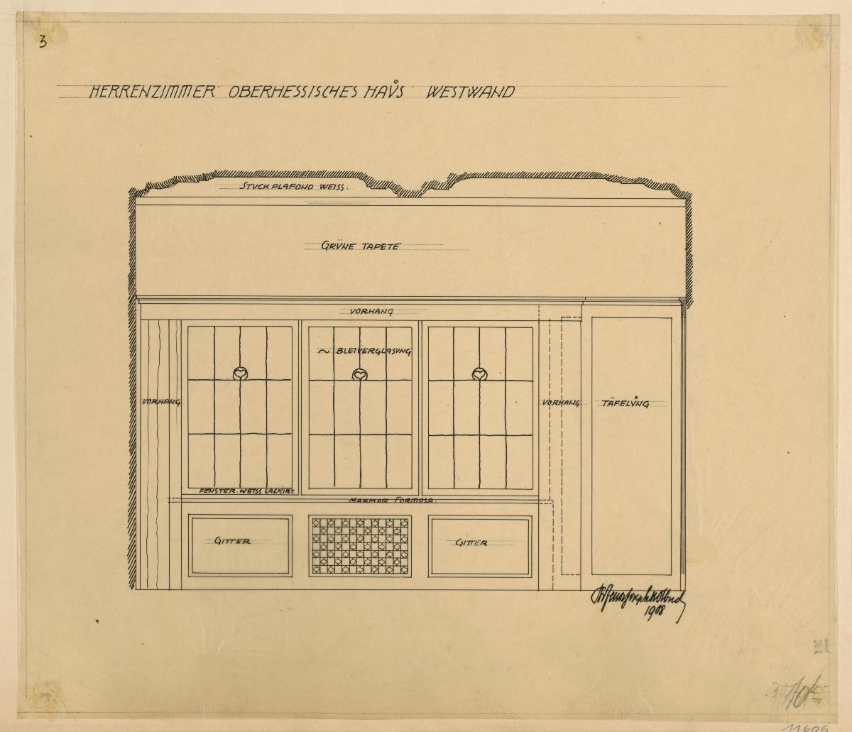 Darmstadt, Oberhessisches Haus, Herrenzimmer, Aufriss der Westwand