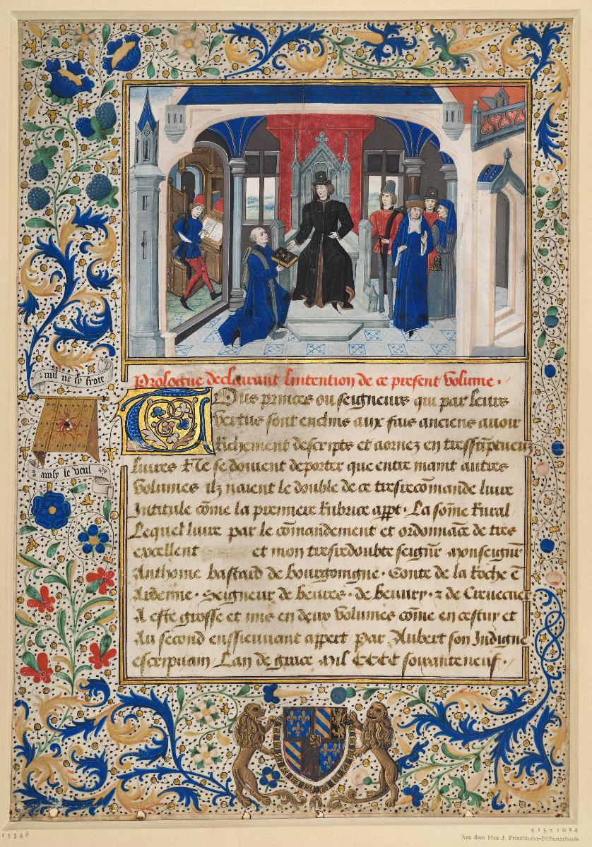 Der Autor überreicht sein Werk dem Grand Batard de Bourgogne. Blatt aus einer Prachthandschrift