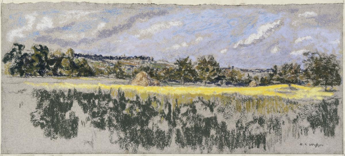 Landschaft mit Wiesengrund, Rapsfeld und Anhöhe