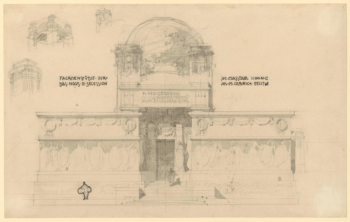 Wien, Ausstellungsgebäude der Secession, Aufriss sowie drei Skizzen zu Pylonen Abschlüssen, Skizze zum endgültigen Entwurf