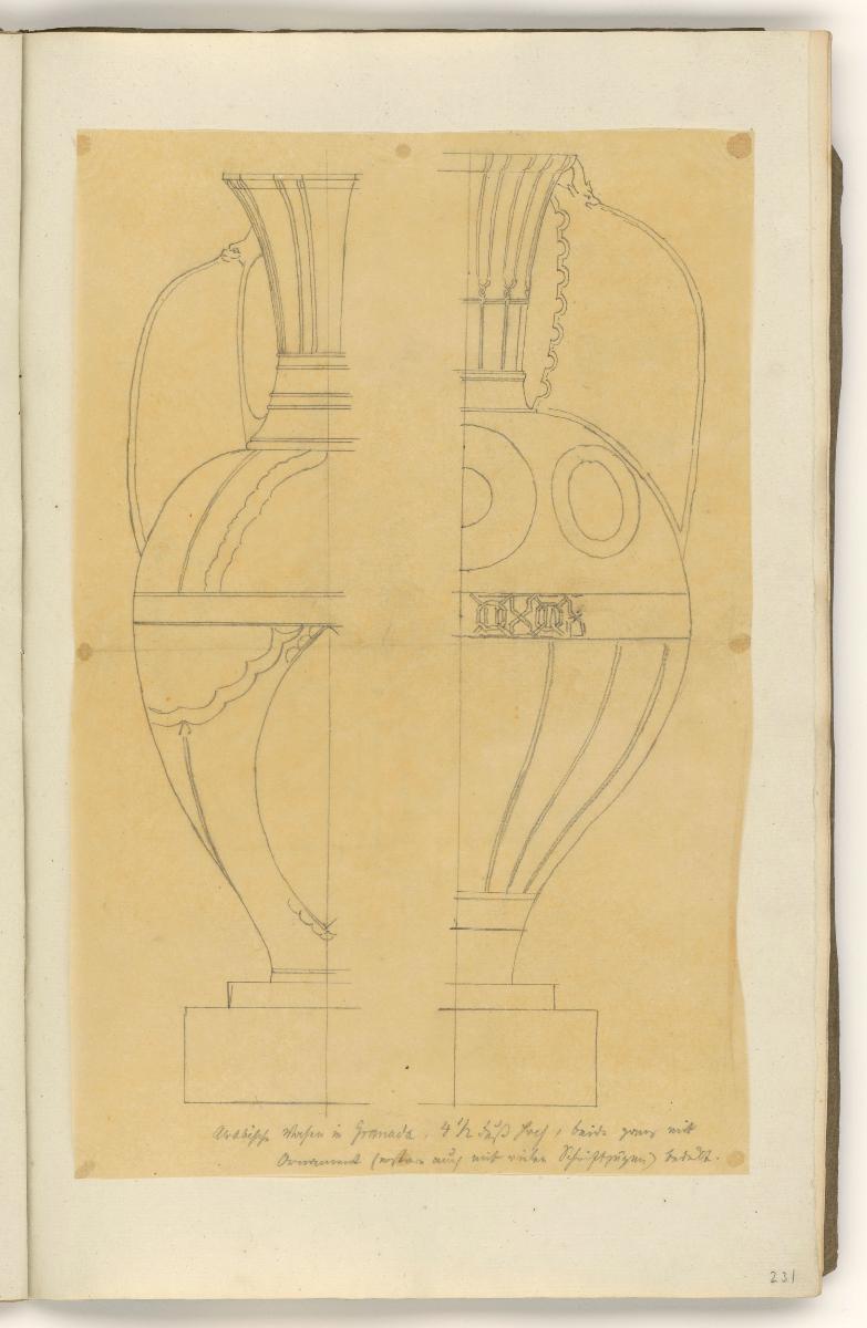 Entwurf Alhambra-Vase, Manuskript "Erinnerungen an die antike Baukunst in Spanien"
