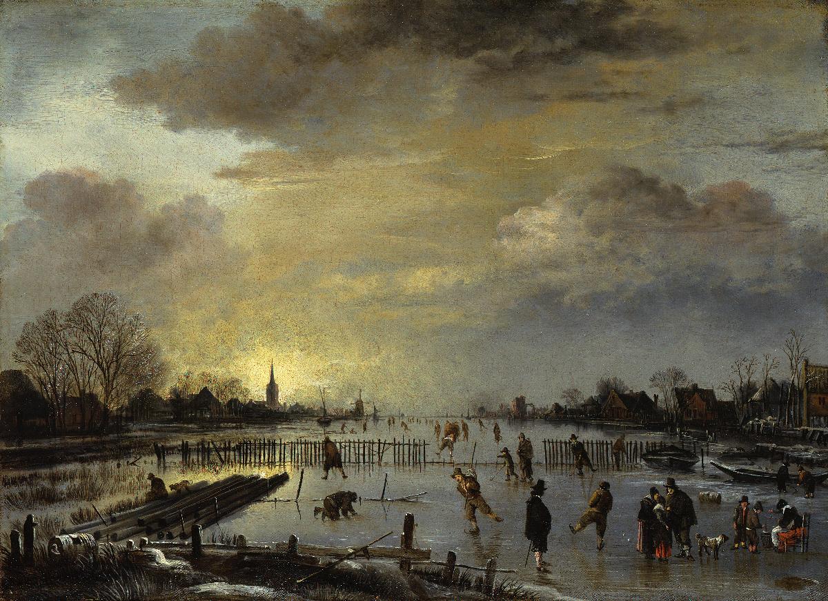Winterlandschaft mit Schlittschuhläufern bei Sonnenuntergang