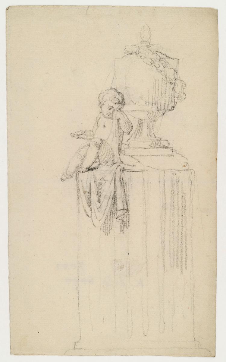 Entwurf zu einem Grabdenkmal oder Kopie nach einem solchen: Auf kanneliertemSockel sitzt links neben einer Urne ein weinender Putto