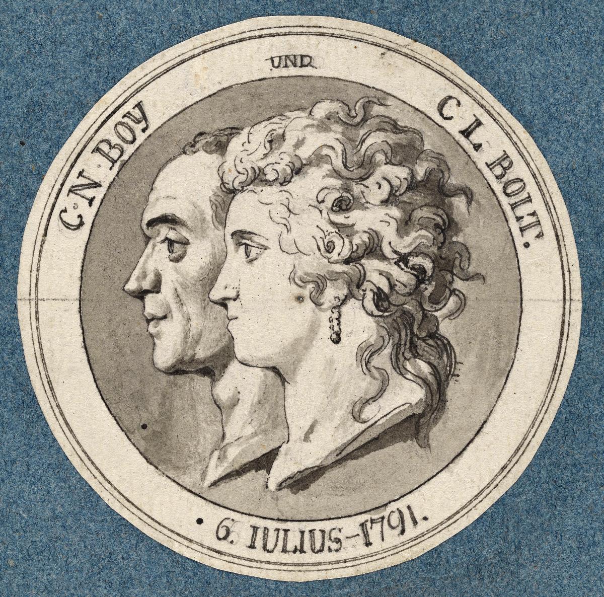 Vorderseite einer Medaille zur Hochzeitsfeier des Ehepaares Boy. Profilporträt des Ehepaares nach links