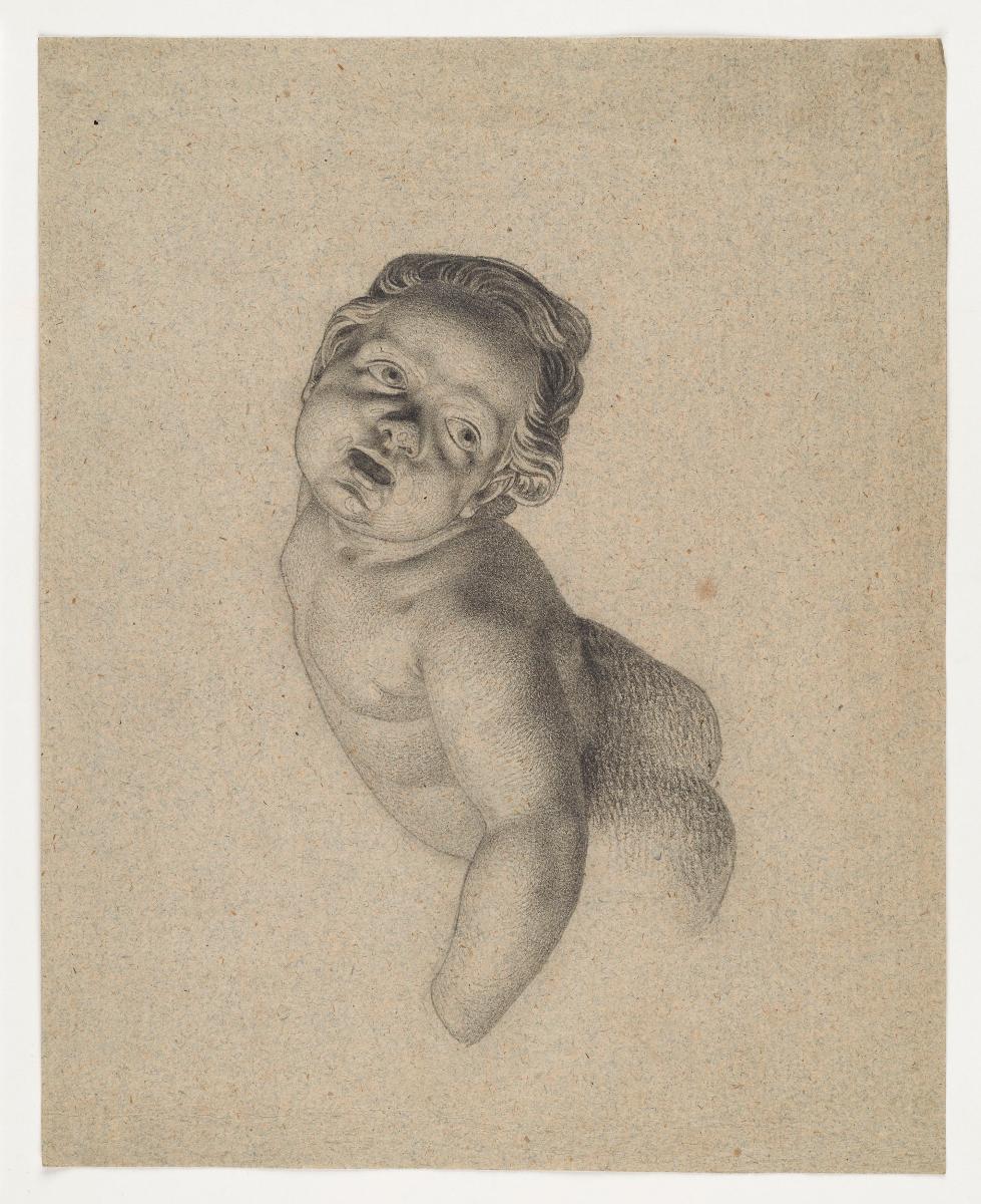 Putto, nach links gewandt, zum Beschauer herausblickend. Nach einer Skulptur